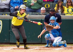 Alyssa Gillespie laying down a bunt during a game against UCLA on April 4, 2014 at Howe Field